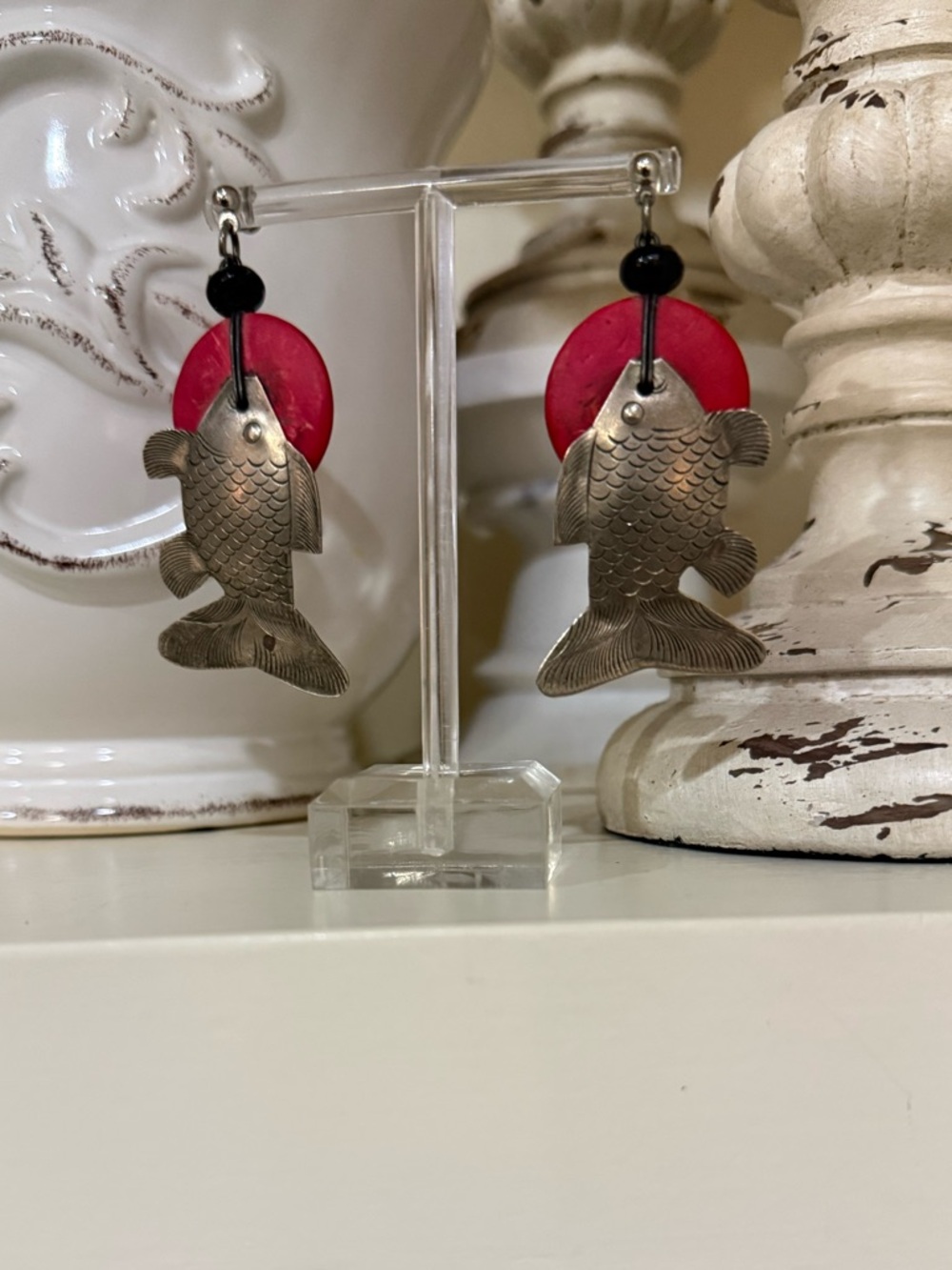 Vintage Koi Fish Earrings - Silver and Red